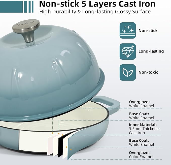 Davivy Round Enameled Cast Iron Bread Oven, 5QT Sourdough Dutch Oven, Dutch Oven for Sourdough Bread Baking Dome,Sourdough Pan Bread Cloche - Sea Salt