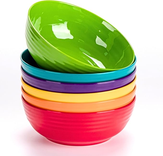 7-Inch Multicolor Melamine Bowls (Set of 6) - Unbreakable and Reusable Plastic Dinnerware with Ceramic Feel, Stackable and Dishwasher-Safe - Versatile for All Meals-Multi-color