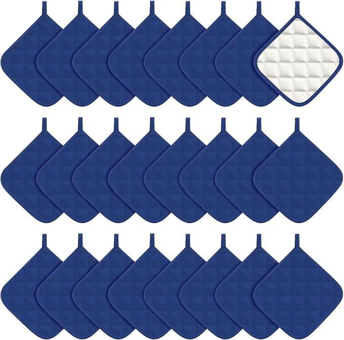 Bokon 24 Pcs Pot Holders for Kitchen, Blue Potholders Sets, Heat Resistant Cotton Hot Pad Oven Mitts Trivet with Hanging Loops for Baking Cooking