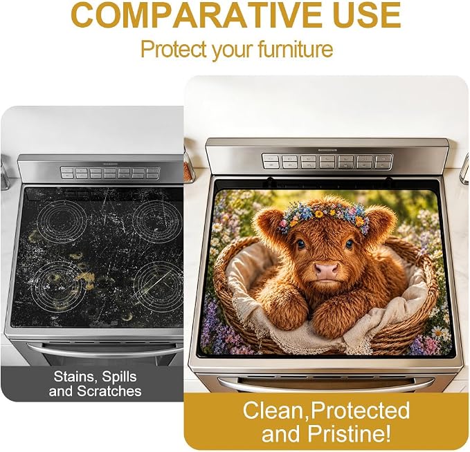 Highland Cow Stove Top Cover for Electric Gas Glass Top Stove | Highland cow kitchen decor; non-slip stovetop cover for electric, gas, glass top stove, noodle board, farmhouse counter mat