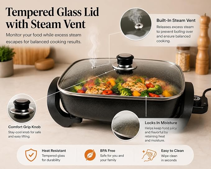 Moss & Stone Square Electric Skillet with Lid, 12-Inch Nonstick Frying Pan | 5 Qt Electric Frying Pan with Adjustable Temperature Control, Vented Glass Lid, Heat-Resistant Handles & Dishwasher Safe