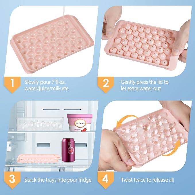 Ice Cube Tray with Lid and Bin, 0.8" Round Ice Trays for Freezer | 2 Pink Ice Cube Trays with Ice Box & Tong, 0.8" Round Ice Balls for Iced Coffee & Juice, Easy Twist Release, For Gatherings