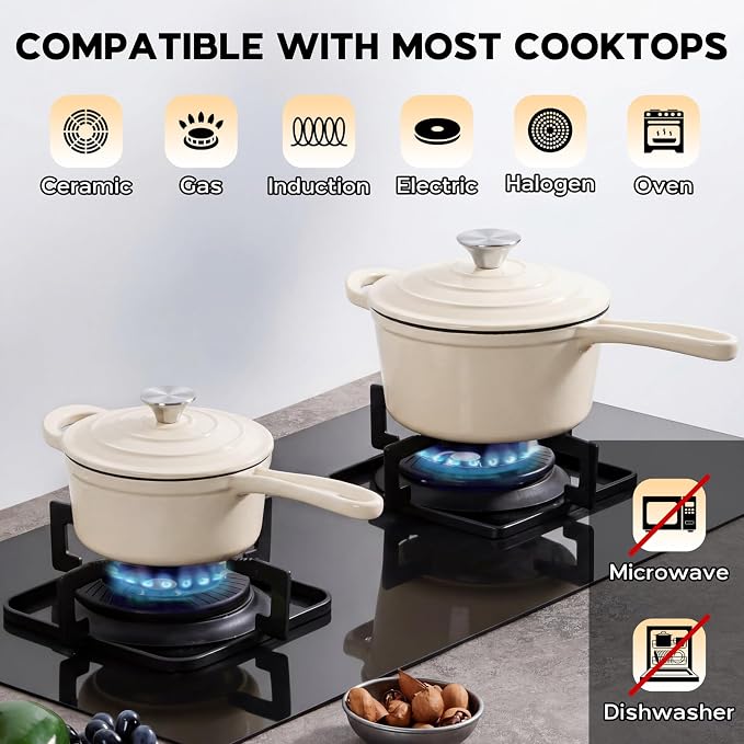 Onader Enameled Cast Iron Saucepan Set, 1 Quart & 2 Quart Sauce Pan with Lid, Small Cast Iron Pot for Cooking, Enamel Dutch Oven, Nonstick & Heavy Duty – Cream White