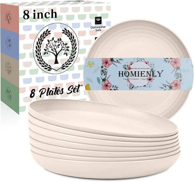 Dessert Plates - 8 Inch Wheat Straw Plates Set, Dinner Plates Set of 8, Appetizer Plates, Lightweight Unbreakable Plates, Microwave Safe Plates, Deep Plates for Dinner - Beige