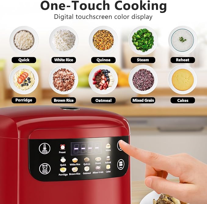 Portable Digital Rice Cooker, 6-Cup (Uncooked)/12-Cup (Cooked) Small Rice Maker with Steaming Basket, Mini Rice Cooker with 2L Removable Nonstick Inner Pot, 10 Menu Options, Auto Keep Warm, 24 Hour Delay Timer (Dark Red)