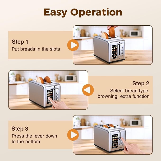 2 Slice Touch Screen Toaster with Wide Slots Stainless Steel Toasters for Family Breakfast, Even Toasting for Bagels & Bread, Reheat & Defrost, Easy Removable Crumb Tray, Silver