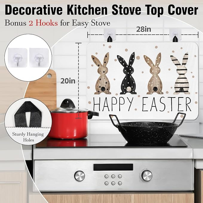 Happy Easter Glass Stove Top Covers for Electric Stove,Spring Rabbit Bunnies Polka Dots Heat Resistant Cooktop Protector Non-Slip Washable Dish Drying Mat Rug Pad for Kitchen Decor 28"x20"