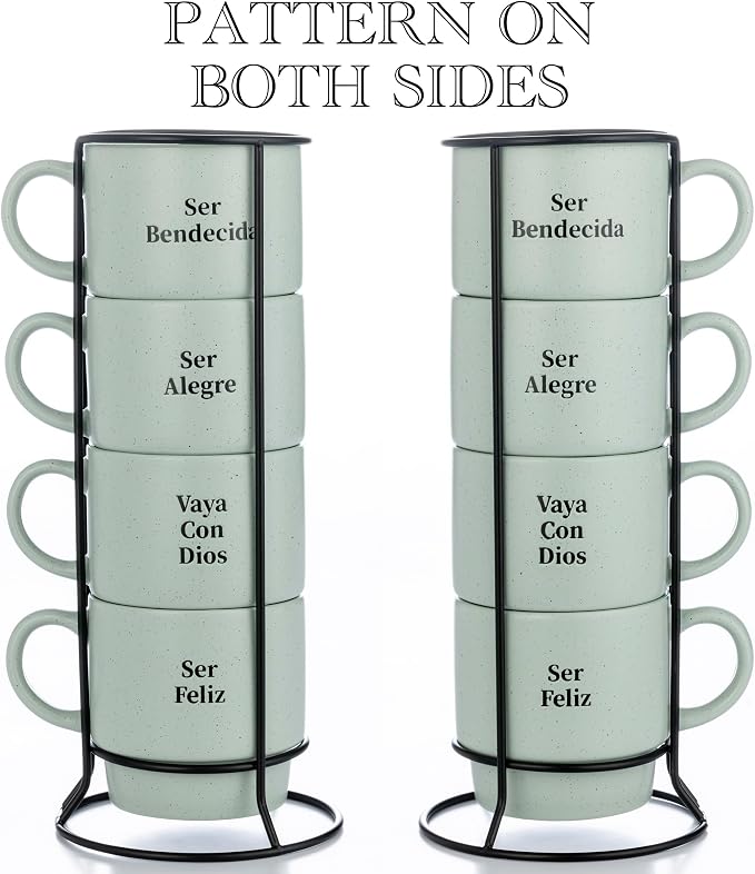 Signature Housewares Stackable Coffee Mug Tower Set with Metal Wire Rack - 15 Ounce Coffee Mugs for Coffee, Tea, Cocoa, Milk, Cappuccino, Hot Chocolate Set of 4 - Spanish Bendecida Blessed