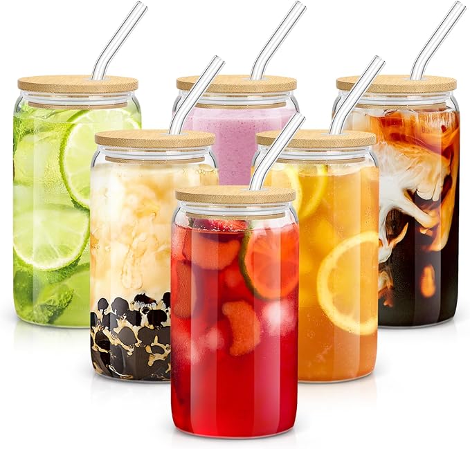 Glass Cups with Lids and Straws - 16 oz Glass Drinking Cups Set for Coffee | Glass Cups with Bamboo Lids, Iced Coffee Cup, Home Essential, Coffee Bar Accessories, Glass Tumbler, Reusable, 6 Pack