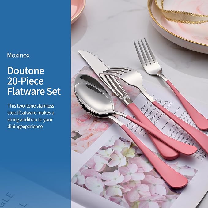 20-Piece pink Silverware Set, 18/0 Stainless Steel pink Handle Flatware Set, Service for 4, Modern Cutlery Set Includes Dinner Knives Forks Spoons, Mirror Polished, Dishwasher Safe