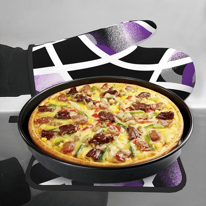 3-Piece Purple Black Abstract Geometric Oven Mitts and Pot Holders Set, Heat Resistant Modern Art Kitchen Gloves Hot Pads for Baking Cooking Grilling, Chef Gifts for Cooking Lovers, Home Decor, Purple
