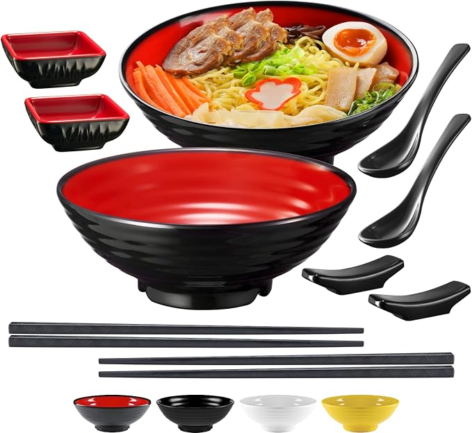 Unbreakable Ramen Bowl Set with Chopsticks and Spoon: 2 large Japanese Style Melamine Ramen Bowls, Dipping Bowls and Chopstick Stands for Asian Pho Soup Thai Miso Udon Wonton (2 Bowl Set, Red-Black)