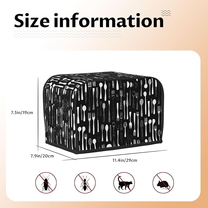 2 Slice Toaster Cover Fork Spoon Pattern Black Dust Proof Washable Kitchen Appliance Cover with Pocket, Oxford Fabric Countertop Toaster Protector for Standard Toasters Small Appliances
