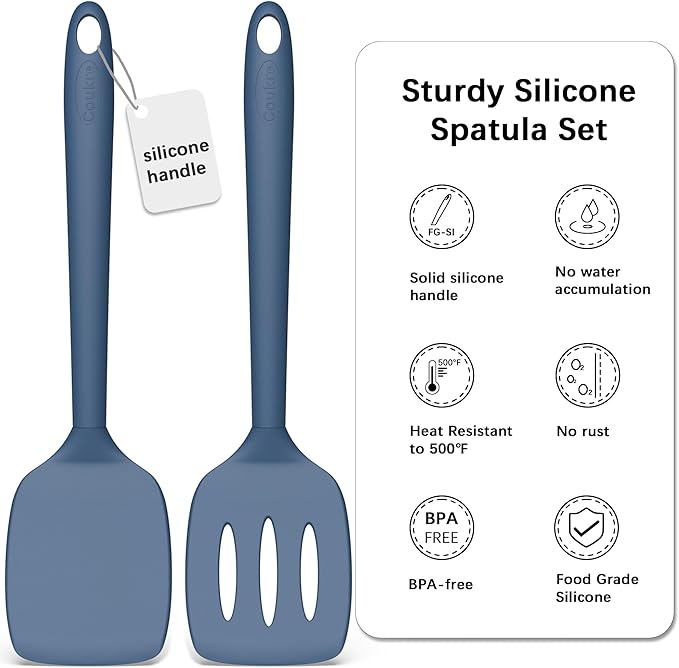 Coukre 2 Pack Silicone Spatula Set,High Heat Resistant, BPA-Free | Dishwasher Safe Kitchen Spatula for Nonstick Pans, Solid & Slotted Turners for Cooking, Sautéing, and Flipping, PureDarkBlue