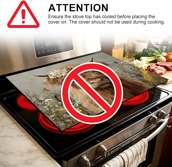 Highland Cow Glass Stove Top Cover 28x20 Inch Decorative Stove Cover | Heat Resistant Cooktop Protector Mat with Non-Slip Backing, Scratch Protection and Countertop Drying Mat.