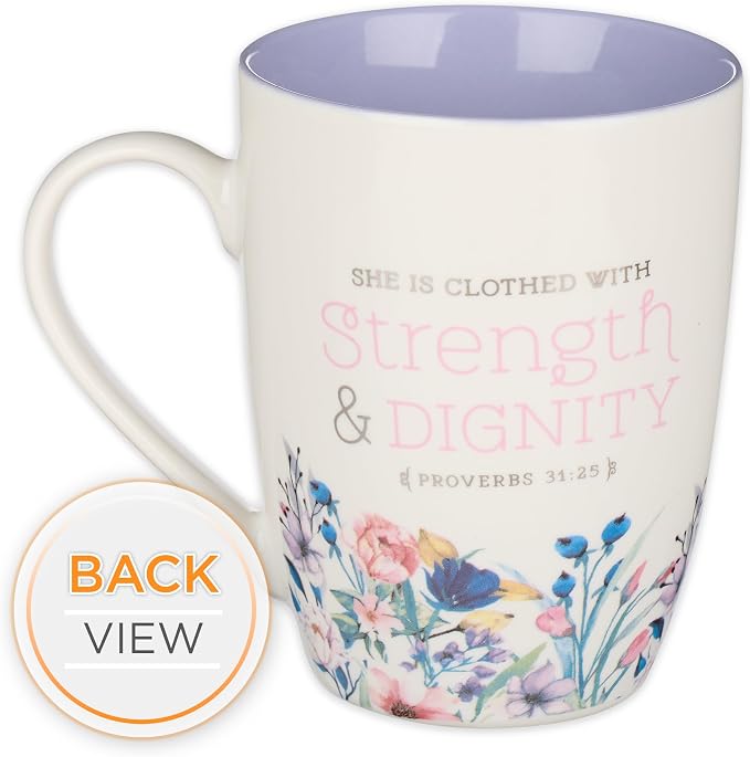 Christian Art Gifts Scripture Ceramic Encouraging Coffee and Tea Mug for Women: Strength and Dignity - Proverbs 31:25 Inspirational Bible Verse Cup for Hot and Cold Beverages, White & Lavender 12 oz.