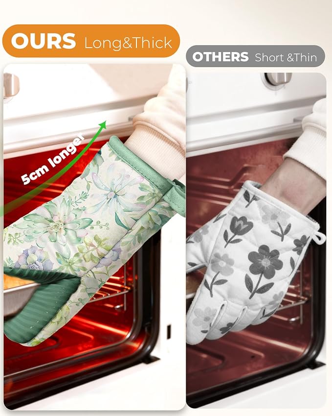 100% Thick Cotton Mini Oven Mitts Silicone Grip Bright Succulents | Elegant Classic Oven Mitts for Women, Machine Washable, Non-Slip, Reversible Design Fits Both Hands, Stylish Kitchen Decor