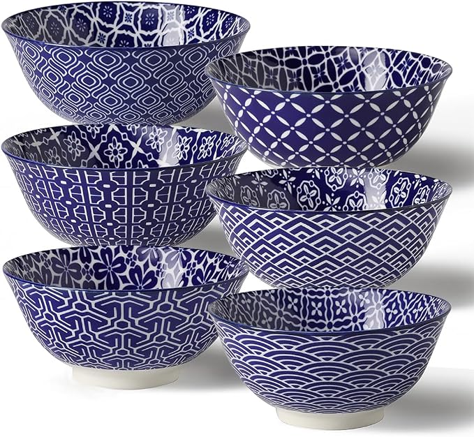 Metahom Cereal Bowls Set of 6, Ceramic Soup Bowls, 23 Oz, Blue and White | Porcelain Kitchen Bowls for Salad, Dessert, Pasta, Fruit, Ice Cream, Dishwasher & Microwave Safe, Stackable Design