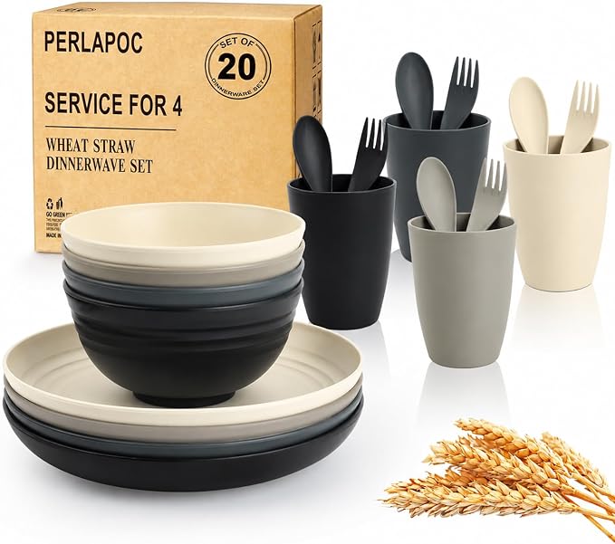 Wheat Straw Dinnerware Sets 20 PCS - Unbreakable Plates and Bowls Set | Plastic Dishes Set for 4, Lightweight Camp Dishes for Outdoor and Family Gatherings.