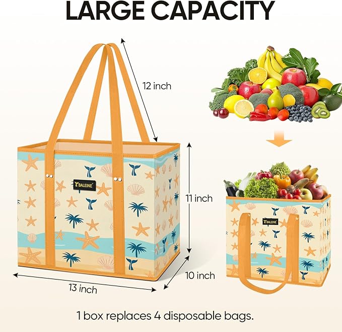 BALEINE 1PK Reusable Grocery Bags, Heavy Duty Shopping Tote Bag | 12'' Long Handles, Reinforced Bottom Keeps Upright, Fold Flat Storage, Water-Resistant Shopping Bag, Multiple Color Options