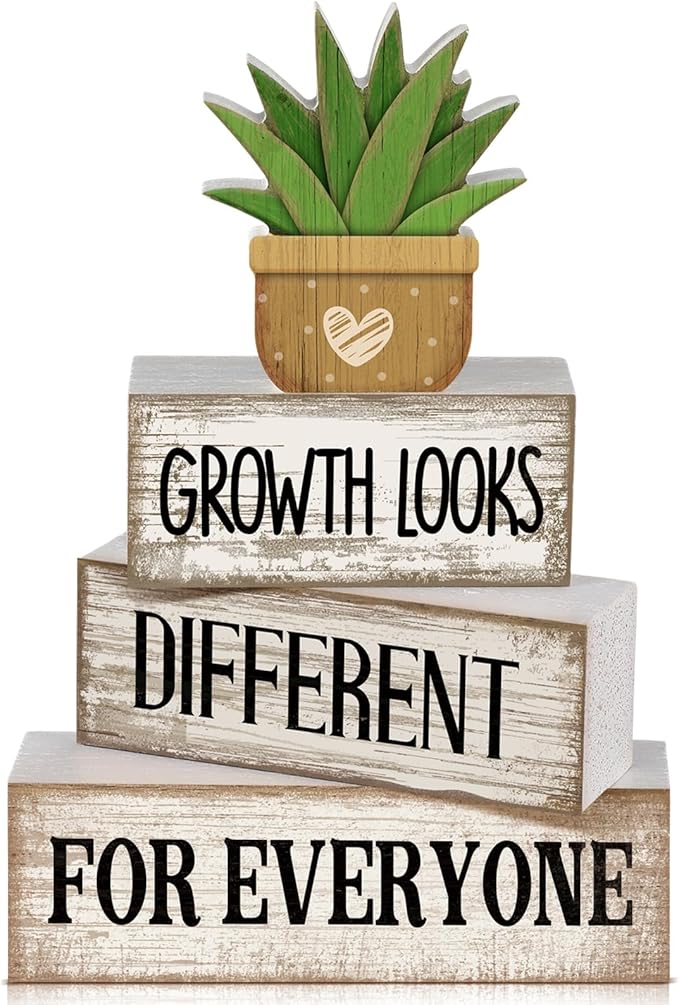 Lineshading 4 Pcs Growth Looks Different for Everyone Farmhouse Signs | Stacked Wood Blocks with Faux Succulent, Rustic White Inspirational Decor, Office Classroom Tiered Tray Teacher Gifts