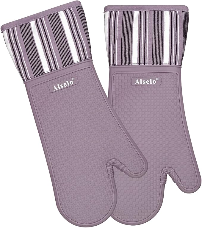 Alselo Silicone Oven Mitts Set, Heat Resistant 550 Degree,7.5"x16" | Extra Long Kitchen Mittens,Waterproof & Non-Silp Oven gloves for Baking Cooking Barbecue Microwave (Extra Long Purple, 2)