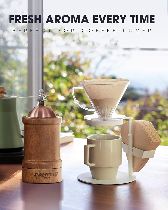 POLIVIAR Manual Coffee Grinder, Coffee Bean Grinder with Adjustable Ceramic Burr, Vintage Style Wooden Hand Coffee Grinder, Large Capacity Burr Coffee Grinder with Brush and Spoon (JX2022-CG20) | Coffee Bean Grinder with Adjustable Ceramic Burr, Vintag...