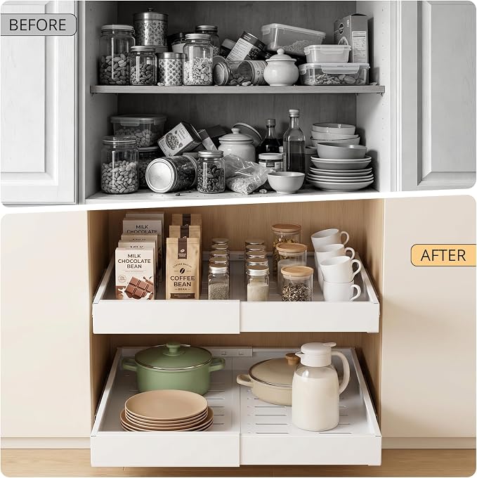 DOMNIU 2 Pack Pull Out Cabinet Organizers Expandable Width (12.4''-20.27'') | Upgrade 3 Slide Rails Sliding Drawer for Kitchen Cabinet Organizer with Adhesive Nano Film, White