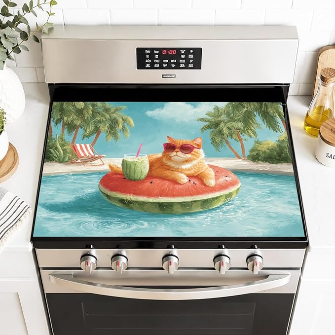 Watermelon Cat Washer Dryer Top Cover Mat 28.35x20.47 in | Heat Resistant Cooktop Protector Mat with Non-Slip Backing, Scratch Protection and Countertop Drying Mat.