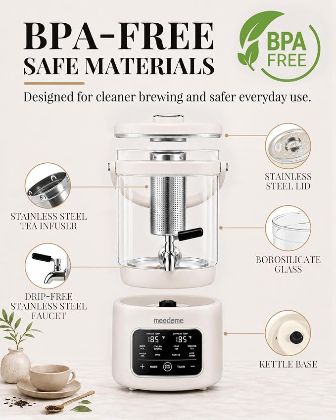 3L Electric Kettle & Beverage Dispenser with Infuser, Spigot - All-in-One Health Pot for Iced Tea/Coffee, Temperature Control, Glass Pitcher - Home & Office Use