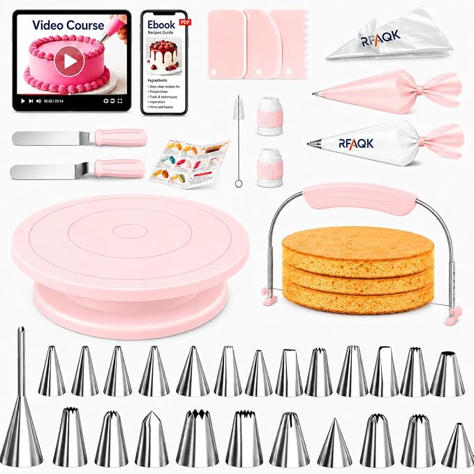 RFAQK 90PCs Cake Decorating Kit with Leveler, Baking Supplies Gift Includes Cake Stand Turntable, 24 Numbered Icing Tips, 55+1 Piping Bags, 2 Frosting Spatulas, 6 Scrappers, Video Course & Booklet
