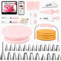 RFAQK 90PCs Cake Decorating Kit with Leveler, Baking Supplies Gift Includes Cake Stand Turntable, 24 Numbered Icing Tips, 55+1 Piping Bags, 2 Frosting Spatulas, 6 Scrappers, Video Course & Booklet