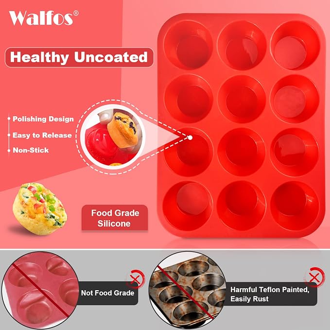 Walfos Silicone Muffin Pan - Cupcake Pans Set of 3, Including 24 Cups Mini Muffin Pans, 12 Cups Regular & 6 Cups Jumbo Muffin Pan, Release Easily - BPA Free & Dishwasher Safe