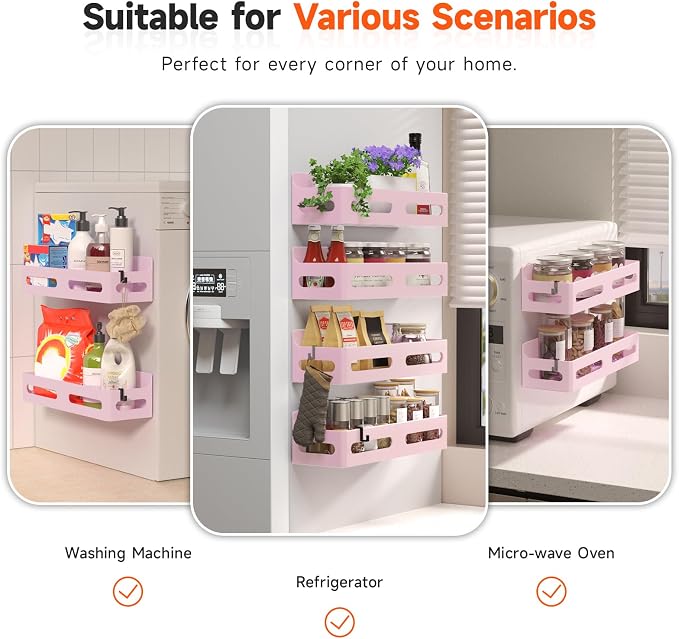 4-Pack Magnetic Spice Rack for Refrigerator with Hooks, Pink | Strong multipurpose magnetic shelf for kitchen & bathroom organization. Includes 4 removable hooks for hanging items.