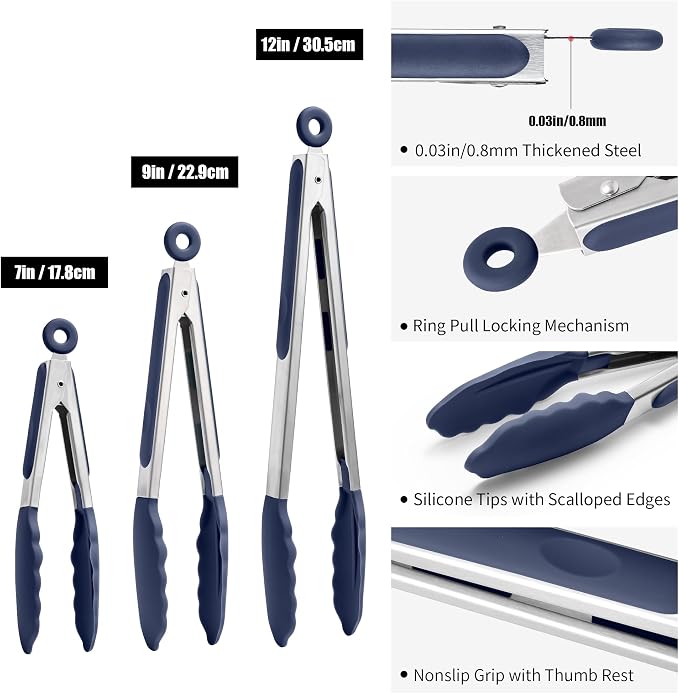 Doosu Kitchen Tongs with Silicone Tips for Cooking Serving (3Pcs, Navy) | 600°F Heat Resistant Food Tong, Heavy Duty Stainless Steel Locking Tong for BBQ, Grilling Steak, Salad, Toast, Pasta