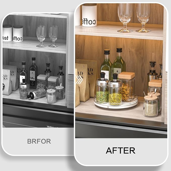 Oroyutor 9-Inch Oak Lazy Susan Spice Organizer with Silver Metal Rail | Rotating oak tray organizes spices, toiletries and decor on kitchen counters, bathroom vanities, dining and coffee tables.