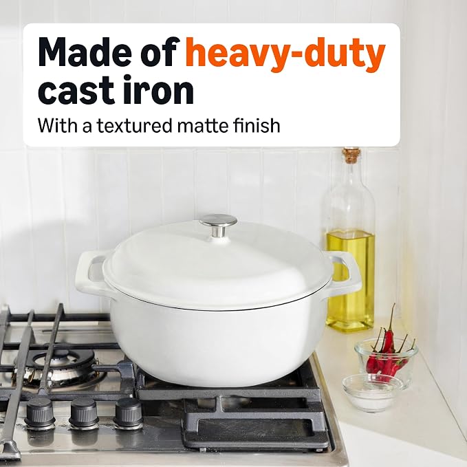 Amazon Basics Enameled Cast Iron Dutch Oven Pot with Lid, Round, Dual Handles, Heavy-Duty, Oven Safe for Stews, Roasting, Baking, 6-Quart, Matte White