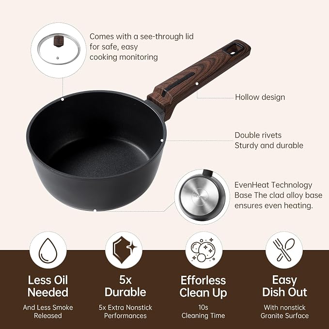 MsMk 1 QT Nonstick Saucepan with Lid, Grey Induction Cooking Pot | Non Toxic, Even Heating, Easy Clean, Dishwasher Safe, suitable for gas & electric & induction stoves, PFOA & PFAS Free