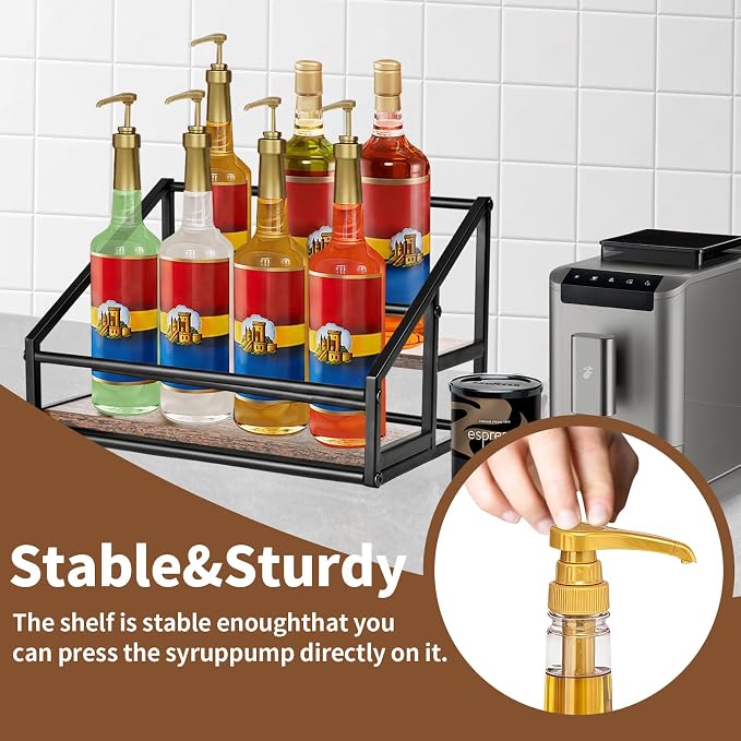 YQBRAO 2-Tier Coffee Syrup Organizer, 8-Bottle Rack, Rustic Brown | Holds up to 8 bottles in two raised rows for coffee bars, kitchens, counters, and beverage stations.