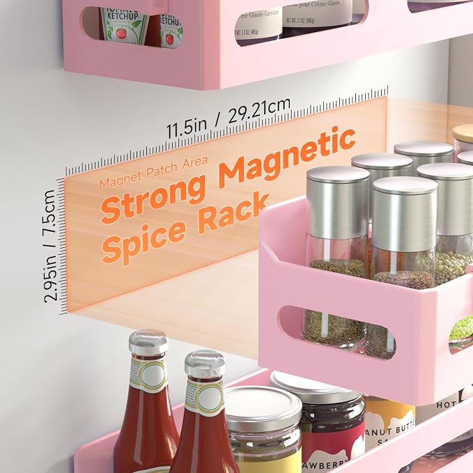 4-Pack Magnetic Spice Rack for Refrigerator with Hooks, Pink | Strong multipurpose magnetic shelf for kitchen & bathroom organization. Includes 4 removable hooks for hanging items.