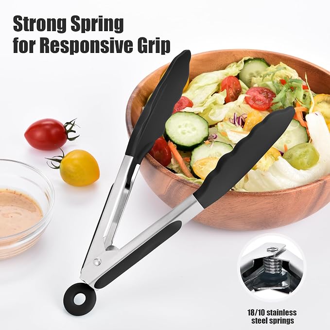 Doosu Kitchen Tongs with Silicone Tips for Cooking Serving (7in, Black) | 600°F Heat Resistant Food Tong, Heavy Duty Stainless Steel Locking Tong for BBQ, Grilling Steak, Salad, Toast, Pasta