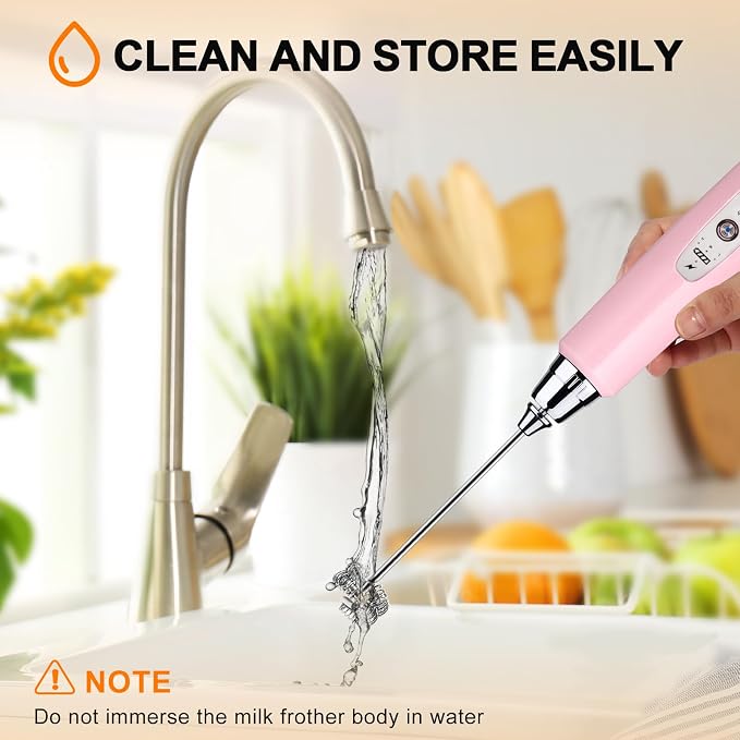 YUSWKO Handheld Milk Frother Wand for Coffee, Rechargeable Electric Whisk with 3 Heads 3 Speeds Drink Mixer Coffee Frother For Latte, Cappuccino, Hot Chocolate, Egg, Pink with Holder