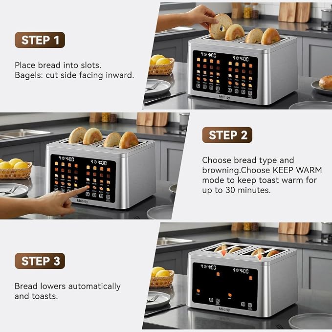 Mecity 4 Slice Toaster Wide Slot, Auto Lift Keep Warm Smart Toaster with Touch Screen, Dual Control Panel, Defrost, Auto Shut Off Digital Toasters for Bagel Muffin Waffle Gluten Free Breads 1700W 120V