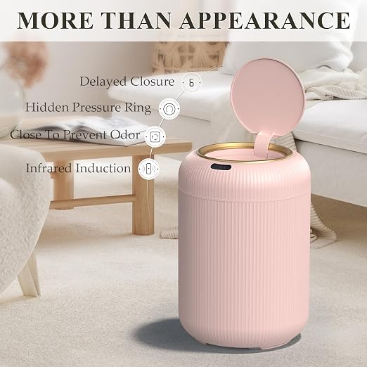 Small Pink Trash Can Bathroom,Motion Sensor Garbage Can Automatic | Touchless Sensor Trash bin with Lid,3 Gallon Auto Bedroom Garbage Bin,Nice Diaper Plastic Waste basket, Boho Bathroom Decor