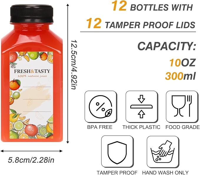 12pcs 10oz Plastic Juice Bottles with Caps, Sticker Labels, Brush | Empty Reusable Clear Bottles with Label, Funnel and Brush Beverage Containers Bulk with Lids for Juicing, Smoothies, Fridge