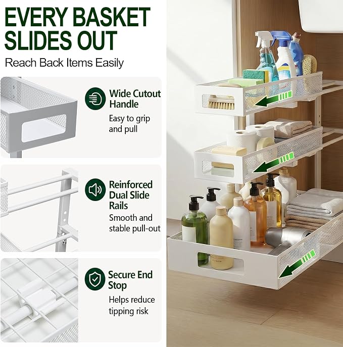 3 Tier Under Sink Organizer,1 Pack Pull Out Cabinet Shelves with Adjustable Height,Heavy Duty Carbon Steel L-Shaped Storage for Kitchen Bathroom Sink,Pantry & Laundry,White