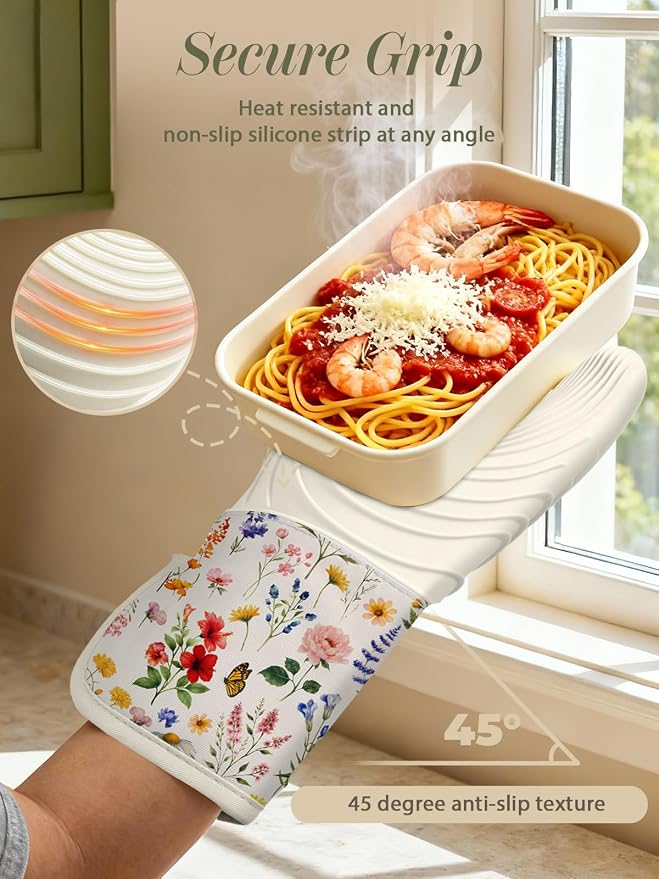 Slohif Long Silicone Oven Mitts Heat Resistant for Women - 2 Pcs Red Flower 100% Cotton Oven Gloves, Non-Slip and Waterproof Silicone Oven Mitts with Hanger for Baking and Cooking