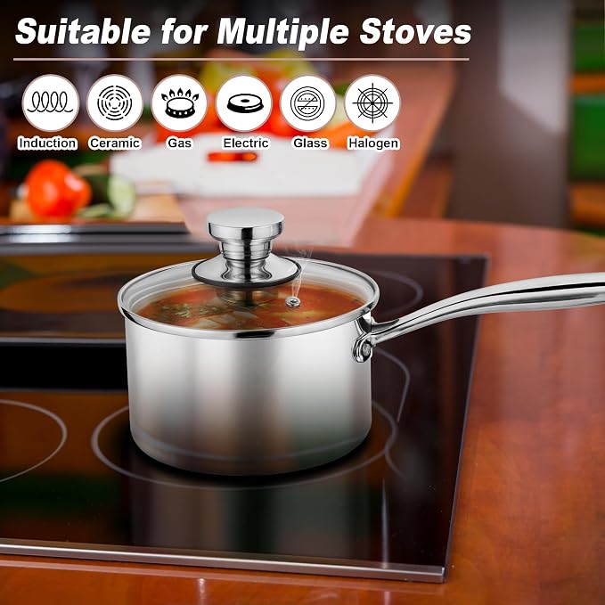 P&P CHEF 2 & 3 Quart Tri-Ply Saucepan with Visible Lid, Small Pot, 2 Piece | 2 & 3 Qt Stainless Steel Sauce Pan, Cooking Induction Pot Cookware for All Stoves, Healthy & Sturdy, Oven & Dishwasher Safe