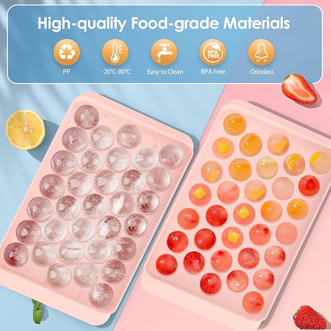 Ice Cube Tray with Lid and Bin, 1" Round Ice Trays for Freezer | 3 Pink Ice Cube Trays with Ice Box & Tong, 1" Round Ice Balls for Iced Coffee & Juice, Easy Twist Release, For Gatherings
