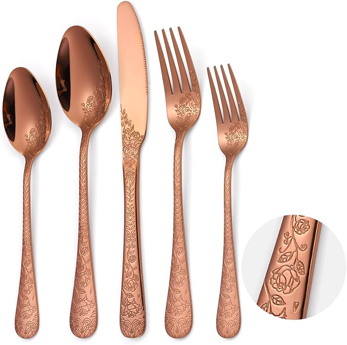 Vintage Flatware Copper/Rose Gold Floral Silverware 30 Piece Stainless Steel Set for 6 Cutlery Utensils Unique Embossed Pattern Design Elegant Home Kitchen Restaurant Festival Parties